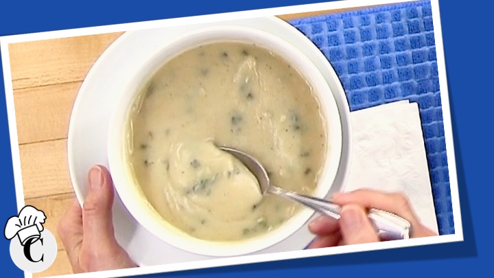 Creamy garlic potato soup in a bowl